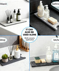 Premium Stone Faucet Mat For Kitchen Sink Heavy Duty Water Absorbing Splash Guard on a countertop with soap dispensers and decor.