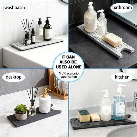 Premium Stone Faucet Mat For Kitchen Sink Heavy Duty Water Absorbing Splash Guard on a countertop with soap dispensers and decor.