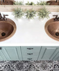 Top view of Bell Drop In Handmade Copper Bath Sink With Four Inch Faucet Holes and Overflow, classic double sink setup