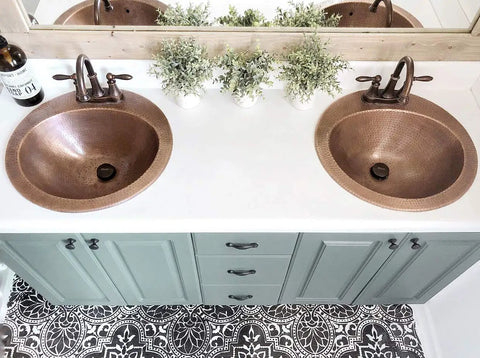 Top view of Bell Drop In Handmade Copper Bath Sink With Four Inch Faucet Holes and Overflow, classic double sink setup