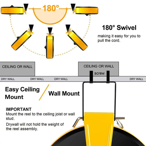 30 Foot Retractable Extension Cord Reel With 16 AWG SJTW Heavy Duty Cable, 3 Outlets And 10 Amp Circuit Breaker, Ceiling Or Wall Mountable In Metal Housing, UL Listed For Home Garage And Shop Use Built For Tough Jobs