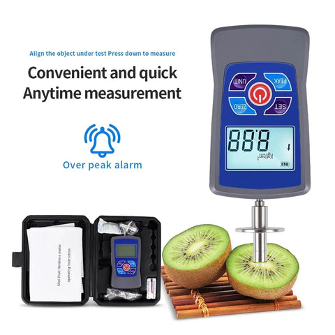 Top Shelf Portable Digital Fruit Hardness Tester And Penetrometer measuring kiwi firmness with LCD display and case.
