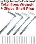 Spring hinge tension pin replacement kit with 4 hex wrenches and stainless steel shelf pins
