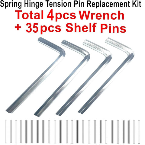 Spring hinge tension pin replacement kit with 4 hex wrenches and stainless steel shelf pins