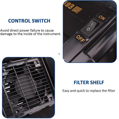 Portable Welding Fume Extractor With 50W Motor And 4600 RPM Low Noise Exhaust showing control switch and filter shelf