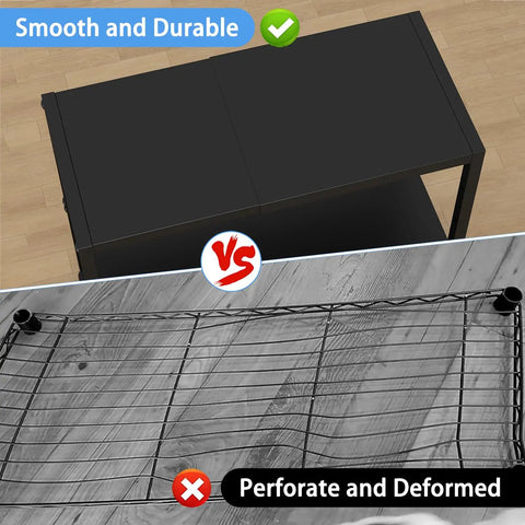 Top view of expandable 2 tier metal storage shelves with 150 lbs capacity, showing smooth black surface comparison with wire grid.