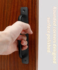 Hand holding 2 Pack Aluminum Alloy Sliding Barn Door Handles With Mounting Plates Black Finish 8.5 Inch Total Length 192 Mm Hole Center