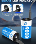 Heavy Duty Rechargeable Lithium Ion D Cell Batteries 4 Pack 1.5 Volt With Usb C Cable shown with LED charging indicators.