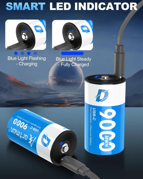 Heavy Duty Rechargeable Lithium Ion D Cell Batteries 4 Pack 1.5 Volt With Usb C Cable shown with LED charging indicators.