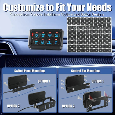 Installation options for 8 Gang RGB Switch Panel With 5 Level Brightness Button For Universal Automotive Circuit Control Relay Car Touch LED System Box Easy Install No Drilling Centralized Control For 8 Devices Weather Resistant Seamless Cable Management displayed on vehicle dashboard with mounting options.