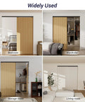 Heavy Duty Bypass Sliding Door Hardware Kit With Soft Close Mechanism for Two Doors shown in bedroom, wardrobe, storage, and living room.