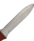 Close-up of Flex Duct Knife With 5 Inch Stainless Blade, serrated and straight edges, contoured wooden handle for HVAC ductwork.