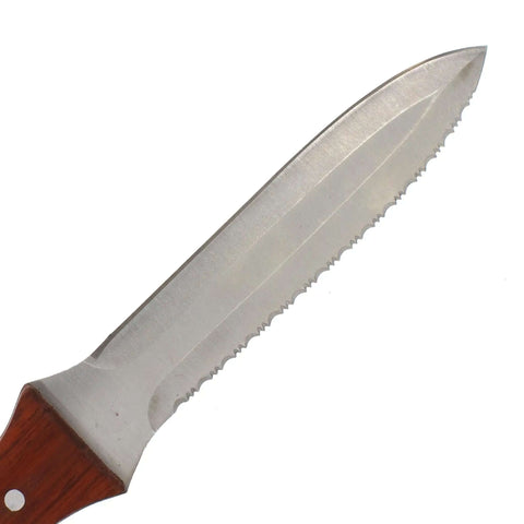 Close-up of Flex Duct Knife With 5 Inch Stainless Blade, serrated and straight edges, contoured wooden handle for HVAC ductwork.