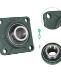 Two green pillow block bearings, UCF208-24, 1-1/2 in bore, square flange, four-bolt, self-aligning.