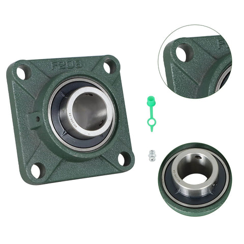 Two green pillow block bearings, UCF208-24, 1-1/2 in bore, square flange, four-bolt, self-aligning.
