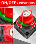 Built Tough Battery Disconnect Switch 12V To 48V DC 275A Waterproof Master Isolator showing ON and OFF positions.