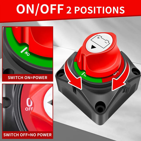Built Tough Battery Disconnect Switch 12V To 48V DC 275A Waterproof Master Isolator showing ON and OFF positions.