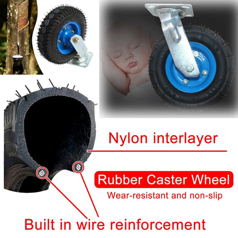 Heavy Duty Rubber Caster Wheels Set 8 and 10 Inch Pneumatic Swivels With Brakes, featuring blue wheel hub and nylon interlayer.