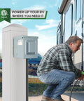 50 Amp 125/250V Outdoor RV And EV Power Outlet Box Enclosed Lockable Weatherproof NEMA 14 50R Receptacle Panel ETL Listed For Campers Trailers And Welders, man connecting RV.