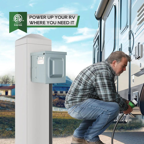 50 Amp 125/250V Outdoor RV And EV Power Outlet Box Enclosed Lockable Weatherproof NEMA 14 50R Receptacle Panel ETL Listed For Campers Trailers And Welders, man connecting RV.