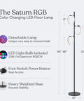 RGB Color Changing Floor Lamp With Tall Tree Design featuring three LED lamps, matte black finish, dimensions indicated.