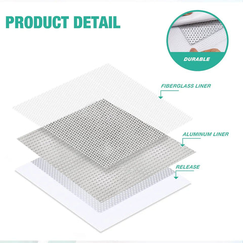 Product detail layers of DIY Wall Patch Repair Kit With Aluminum Self Adhesive Patches Includes 4x4 6x6 8x8 Patches Sandpaper And Putty Knife For Quick Hole Fixes In Drywall Ceiling And Sheetrock So You Can Patch Holes Like A Pro showcasing fiberglass and aluminum liner.