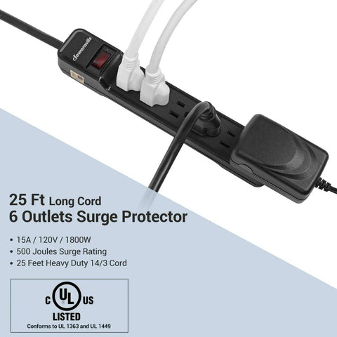 Two Pack Heavy Duty Power Strip Surge Protector With 25 Ft Extra Long Extension Cord Flat Plug 15 Amp 500 Joules Wall Mount Black UL Listed Includes Six Grounded Outlets and Overload Protection showing detailed view of black strip with connected appliances.