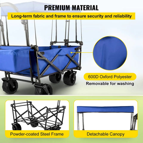 Heavy Duty Collapsible Wagon With Removable Canopy 220 lb capacity foldable beach wagon with blue 600D polyester fabric