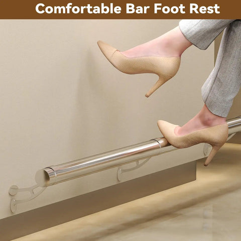 Woman's foot resting on Premium Stainless Steel Bar Foot Rail Kit, blending style with comfort in a home bar setting.