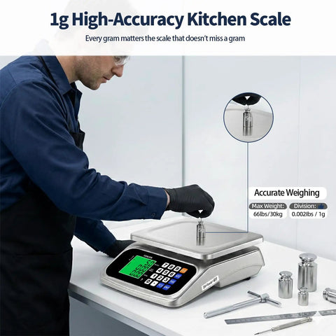 Person using Large Digital Kitchen Scale With 66Lb Capacity And 30Kg, 0.05oz Per 1g Precision, Price Computing And PCS in lab setting.