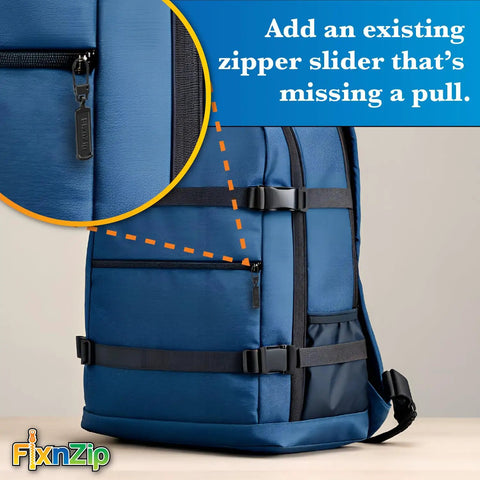 Ultra Easy No Sweat Clip-On Zipper Pull Replacements 4 Pack Black Universal Tabs For Zipper Repair on blue backpack