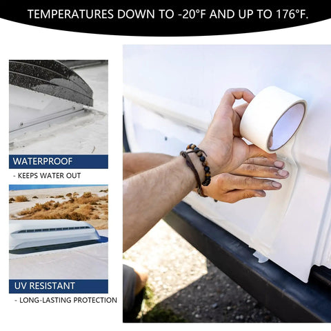 Application of RV Roof Seal Tape White 4 Inch By 50 Feet Self Adhesive Butyl Roof Sealant on vehicle seam for waterproof and UV resistant seal.