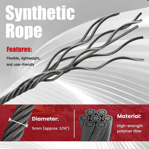 1000Lb Battery Powered Winch With 40Ft Synthetic Rope, Wireless Remote, Beefy 18V Compatible Lifting And Pulling For Trucks, ATVs, UTVs, Trailers, Requires 4.0Ah+ Battery. synthetic rope close-up, 5mm diameter, high-strength polymer fiber