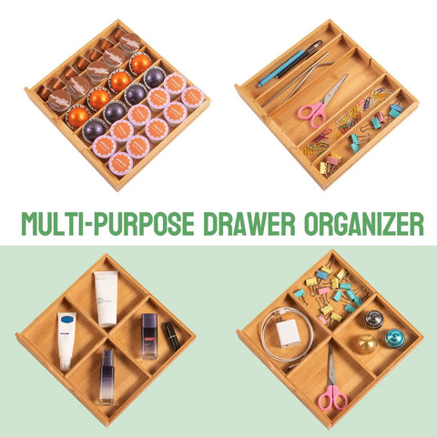 No-Fuss All-In-One Bamboo Drawer Organizer For Keurig K Cup Pods And Tea Bags With Adjustable Dividers, large capacity.