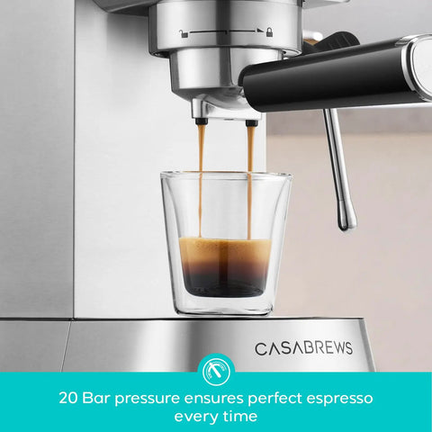 20 Bar Espresso Machine With Flashheat Technology brewing espresso into a glass on silver stainless steel body