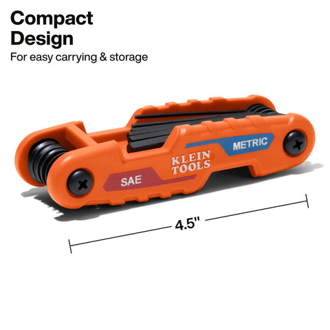Compact Folding Hex Key Set With 12 Metric And SAE Sizes, pocket sized hex wrench kit, orange design, 4.5 inch length