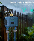 Smart WiFi Garden Hose Timer With Hub And App Control For Yard And Lawn Watering, Voice Control, Up To Twenty Watering Plans, shown in rain