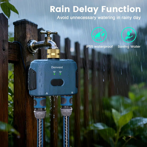 Smart WiFi Garden Hose Timer With Hub And App Control For Yard And Lawn Watering, Voice Control, Up To Twenty Watering Plans, shown in rain