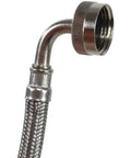 Close-up of dishwasher hose with 90 degree elbow showing braided stainless steel and coupling, part of Dishwasher Hose With 90 Degree Elbow And PVC Core 6 Feet Long Premium Braided Stainless Steel Water Supply Line Three Eighths Inch FCM To Three Quarters Inch FGH Preattached Washer Stainless Steel Couplings For No Kink Leak Free Connections.