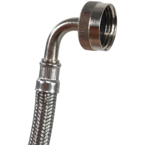 Close-up of dishwasher hose with 90 degree elbow showing braided stainless steel and coupling, part of Dishwasher Hose With 90 Degree Elbow And PVC Core 6 Feet Long Premium Braided Stainless Steel Water Supply Line Three Eighths Inch FCM To Three Quarters Inch FGH Preattached Washer Stainless Steel Couplings For No Kink Leak Free Connections.