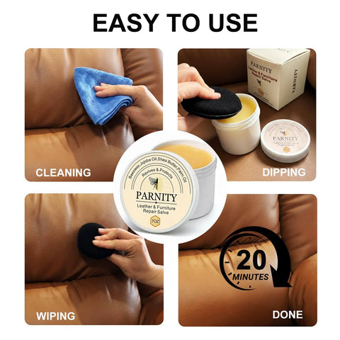 Top Shelf Leather Repair Salve And Residue Free Conditioner Slick Polish For Cars Sofas Shoes And Wood Furniture Fast Absorb Nourishing Balm That Seriously Revives Your Gear Daily being applied to a leather sofa.