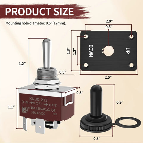 Image showing dimensions of Momentary 12V DC Polarity Reversing DPDT Toggle Switch Waterproof Panel Mount Up Down 3 Position RV Jack Motor Control Switch For Rugged Marine Use Boat Truck