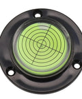 For Bullseye Bubble Level, Round Circular For Spirit Vial, Alignment Tool with green liquid and crosshair design in black housing.