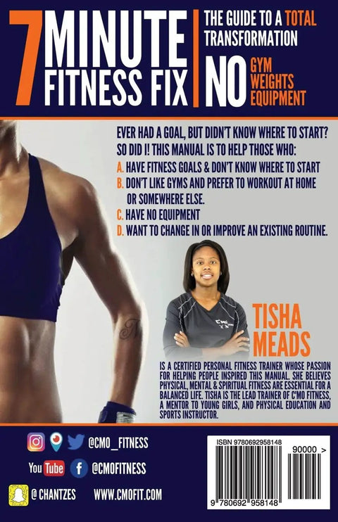 7 Minute Fitness Fix Real Talk Home Workout Guide For Busy Folks with fitness trainer Tisha Meads promoting home workouts.