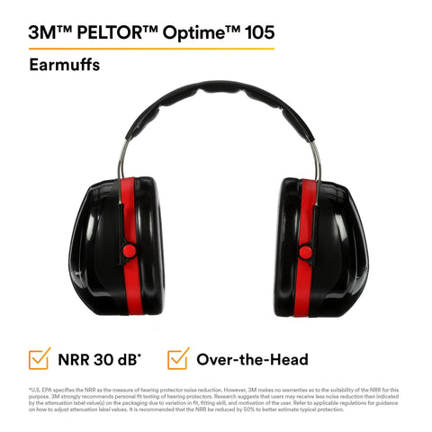 Optime 105 Over Ear Earmuffs For Max Noise Blocking With NRR 30 dB Double Shell Tech Stainless Steel Headband Tilt Ear Cups For Comfort Built For Job Sites And Loud Environments