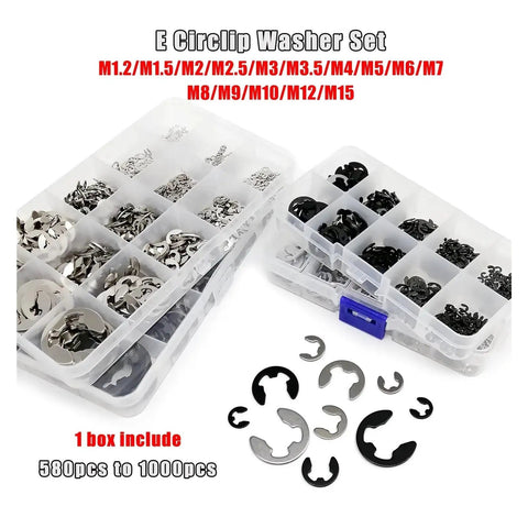 External Circlip Retaining Ring Kit Set M1.2 To M15 For Shafts E Type Circlips Stainless Steel SS304 1000 Pcs Heavy Duty Built To Last Shaft Bearing Retention Solution, organized box set