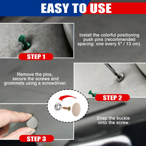 Instruction steps for 90Pcs Car Roof Headliner Repair Button Pins Kit With Installation Tool Universal Snap Rivets For Interior Ceiling Fixing Beige