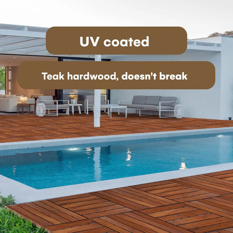 Interlocking Teak Deck Tiles 12x12 Inches Outdoor Flooring That Rocks Weather Resistant UV Protected Anti Slip Patio Pavers by Pool