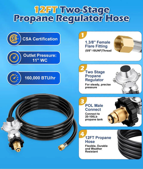 12 Ft Two Stage Propane Regulator Hose With Three Eighths Inch Female Port Freeze Resistant For RV Grill Gas Stove And Generator