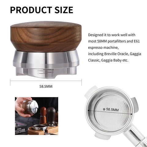 58.5mm Coffee Distributor With Walnut Wood Handle, shown with dimensions, designed for Breville and Gaggia portafilters.